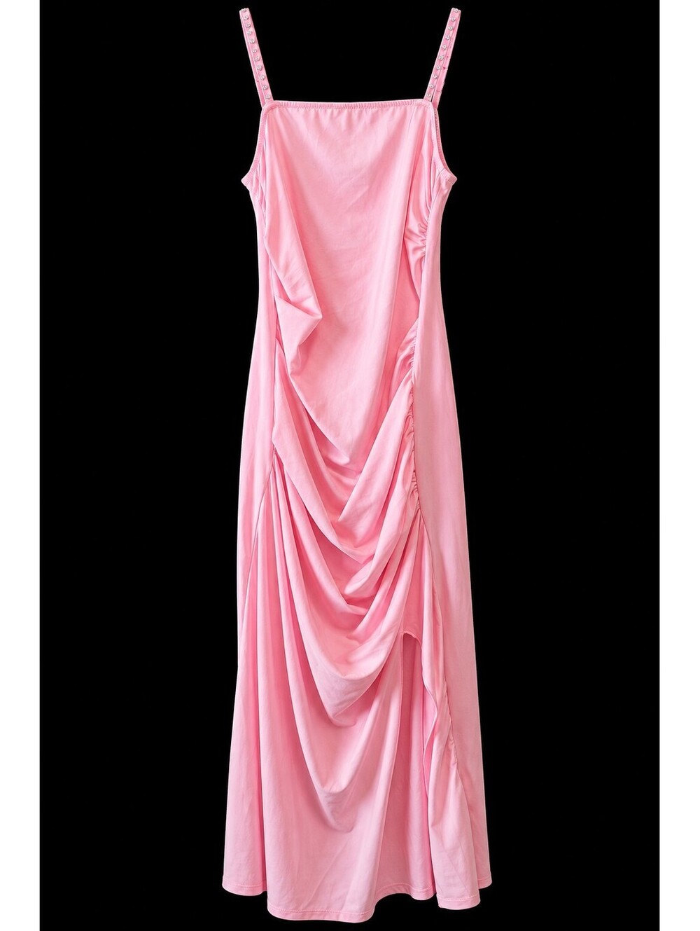 Pink Draped Sleeveless Midi Dress with Spaghetti Straps